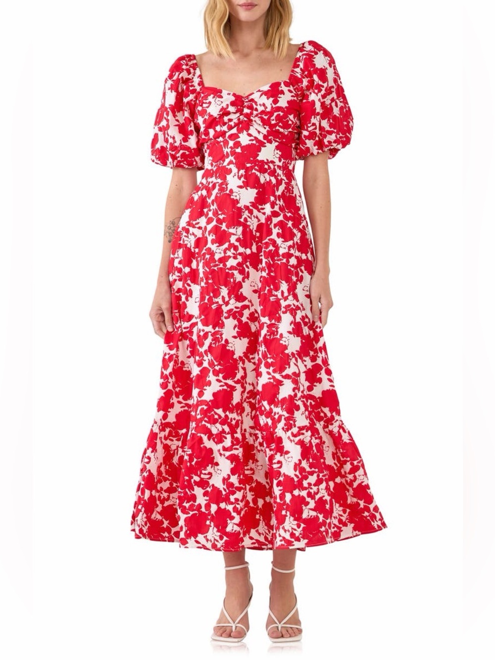 Free the Roses Red and White Puff-Sleeve Floral Maxi Dress